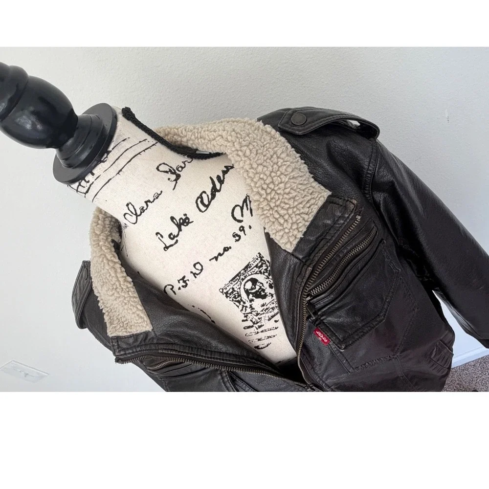 Levis Mens Faux Leather Sherpa Lined Bomber Jacket‎ Dark Brown Military Large